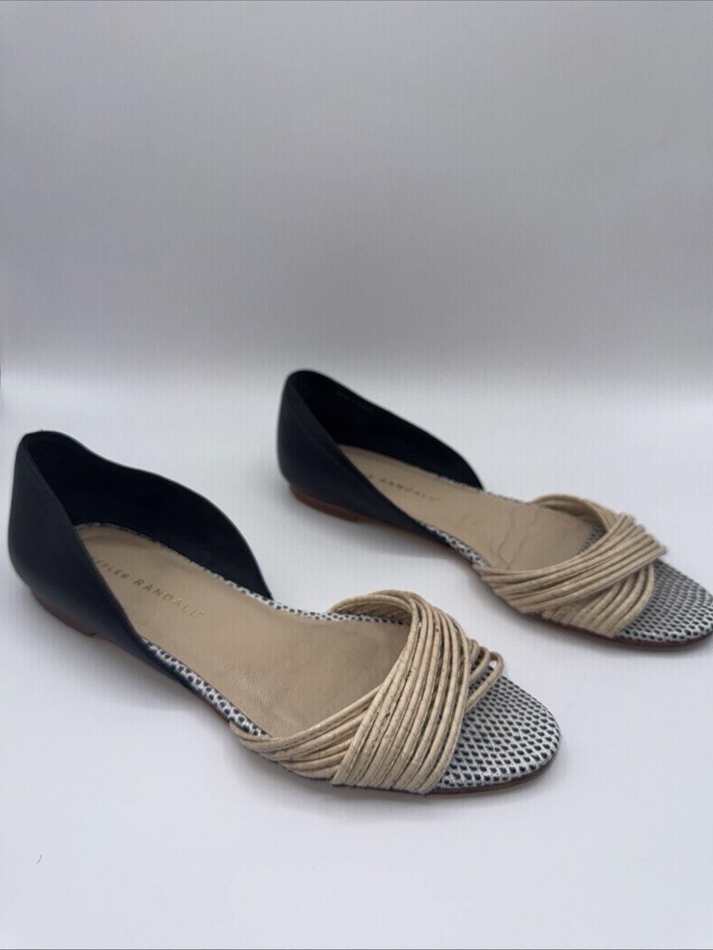 Loeffler Randall dOrsay Flats Strappy Leather Black Tan Snake Skin Size 6